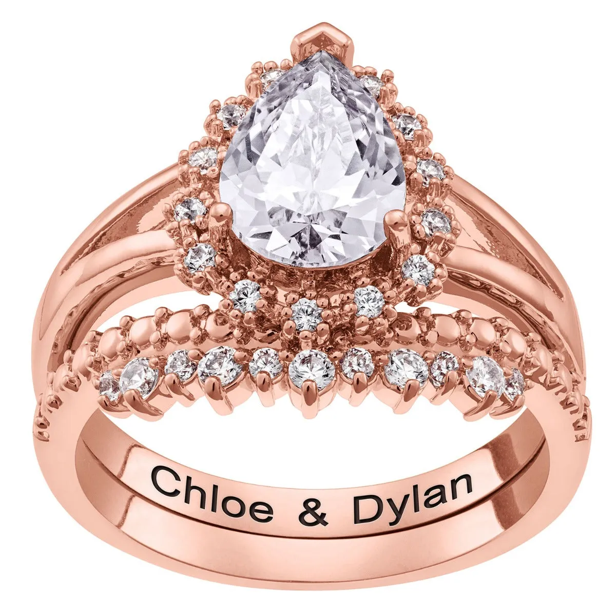 14K Rose Gold Plated Tear Stone 2 Piece Wedding Ring Set sold by Limoges Jewelry