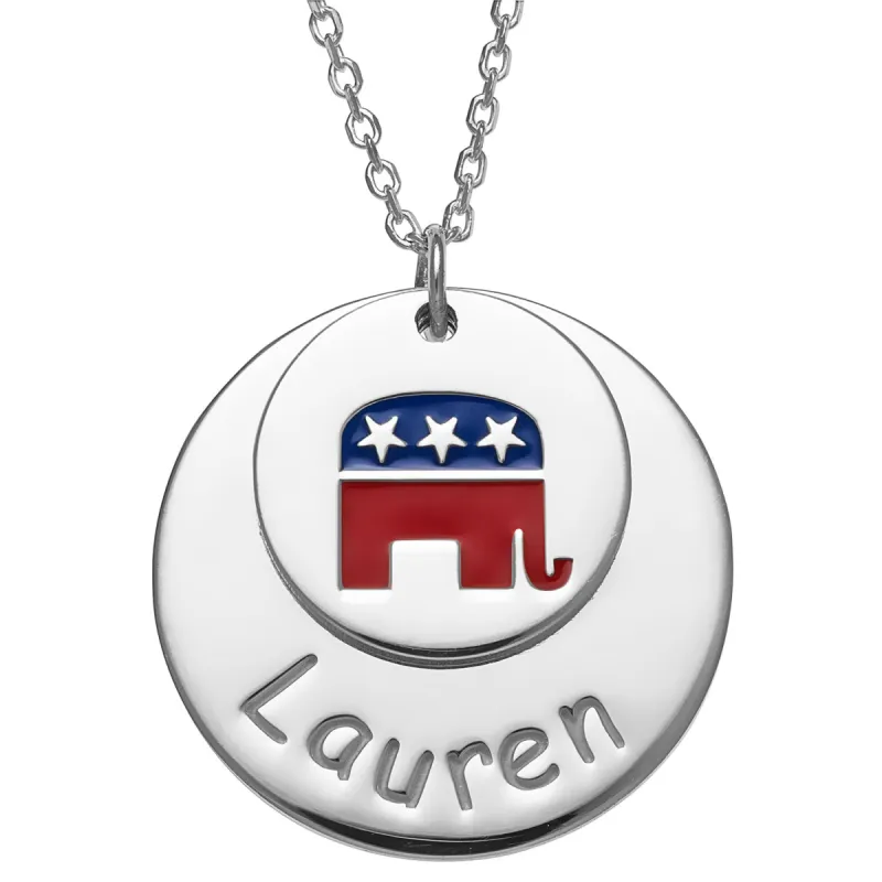 Patriotic Name with Enamel Elephant Double Disc Necklace sold by Limoges Jewelry