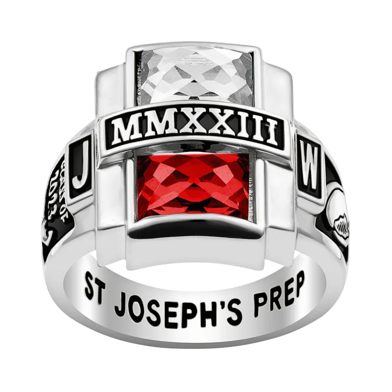 Men's Silver Plated Double Birthstone Rectangle Class Ring sold by Limoges Jewelry