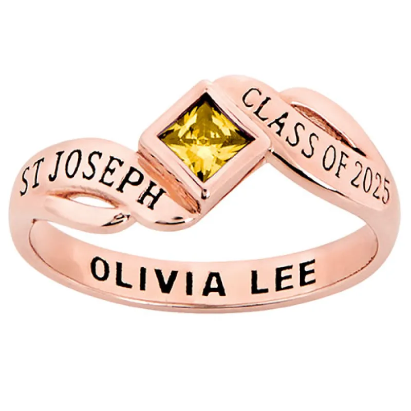 14K Rose Gold Plated Women's Bypass Princess Cut Birthstone Fashion Class Ring sold by Limoges Jewelry