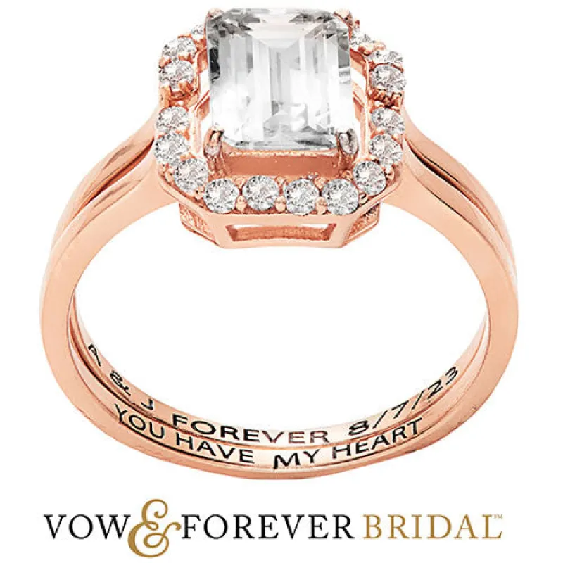 14K Rose Gold over Sterling Emerald Cut White Topaz 2 Piece Engraved Wedding Set sold by Limoges Jewelry