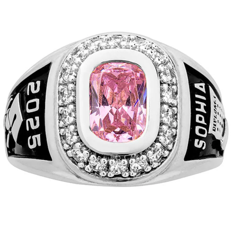 Ladies' Silver Plated CZ Encrusted Traditional Personalized Class Ring sold by Limoges Jewelry
