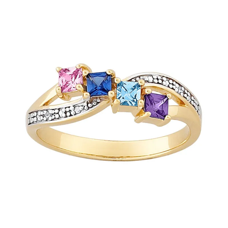 18K Gold over Sterling Mother's Square Family Birthstone & Genuine Diamond Ring sold by Limoges Jewelry