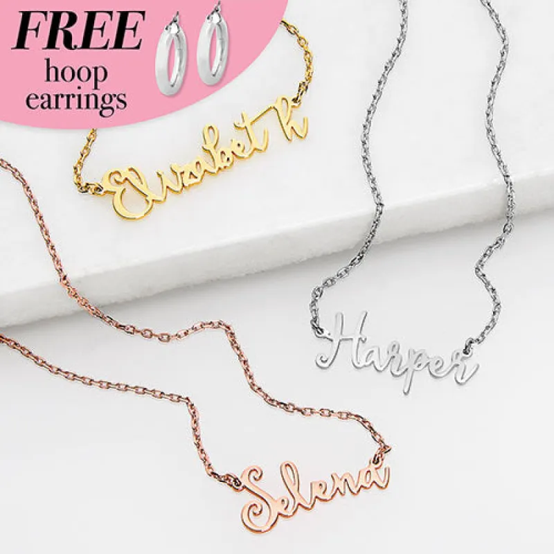 Sterling Silver Fancy Script Name Plaque with Free Hoop Earrings sold by Limoges Jewelry