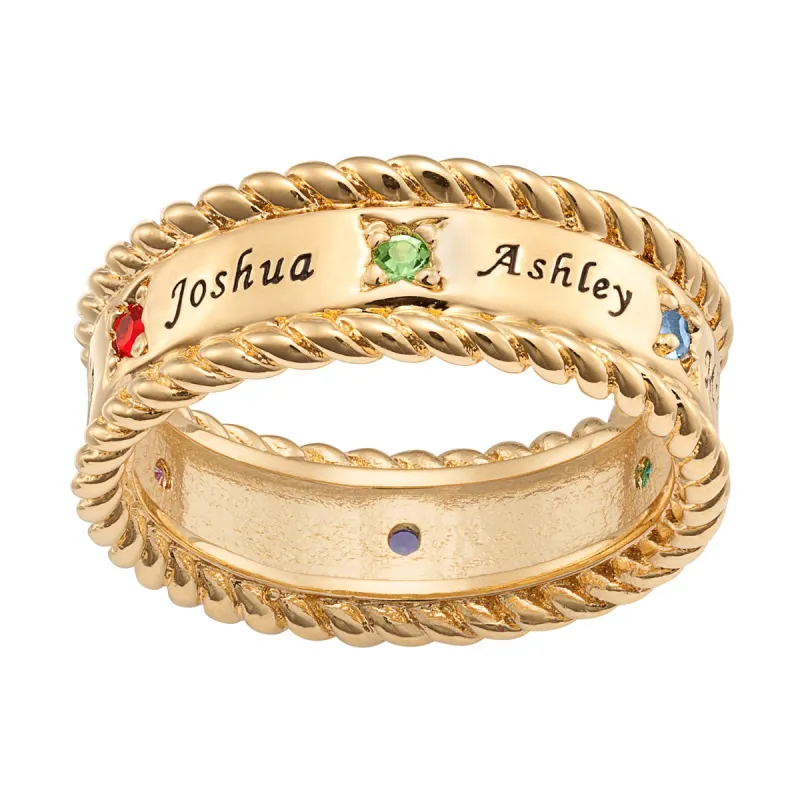 14K Gold over Sterling Family Name and Birthstone Rope Edged Band sold by Limoges Jewelry