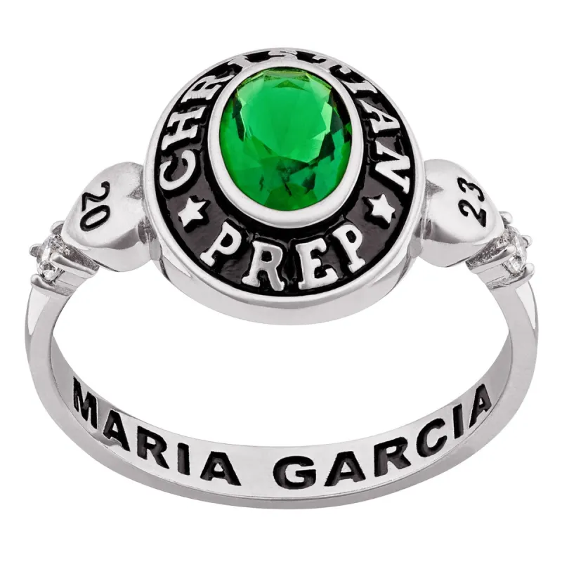 Ladies' Celebrium Oval Birthstone with CZ and Hearts Class Ring sold by Limoges Jewelry