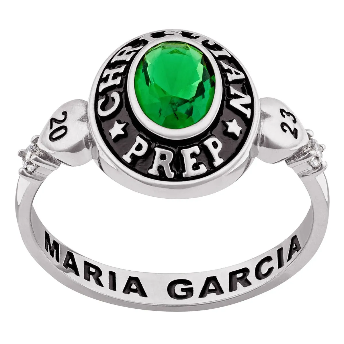 Ladies' Celebrium Oval Birthstone with CZ and Hearts Class Ring sold by Limoges Jewelry