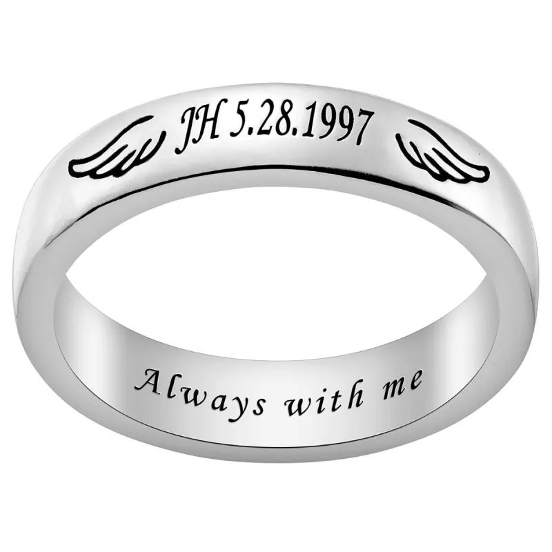 Silver Plated Engraved Angel Wing Memorial Ring sold by Limoges Jewelry