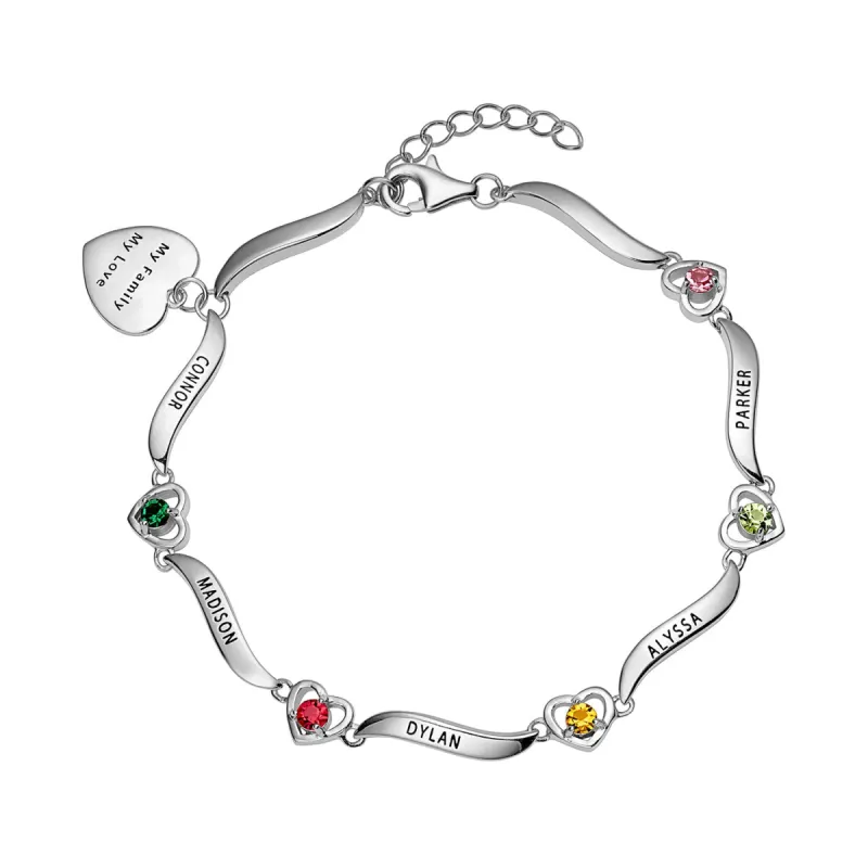 Family Name and Birthstone Bracelet with Heart Charm sold by Limoges Jewelry