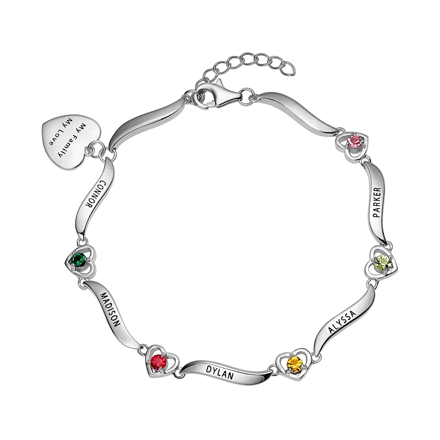 Family Name and Birthstone Bracelet with Heart Charm sold by Limoges Jewelry