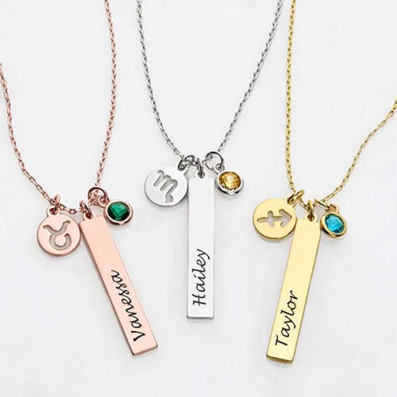 Personalized Name, Zodiac Sign and Birthstone Cluster Necklace sold by Limoges Jewelry