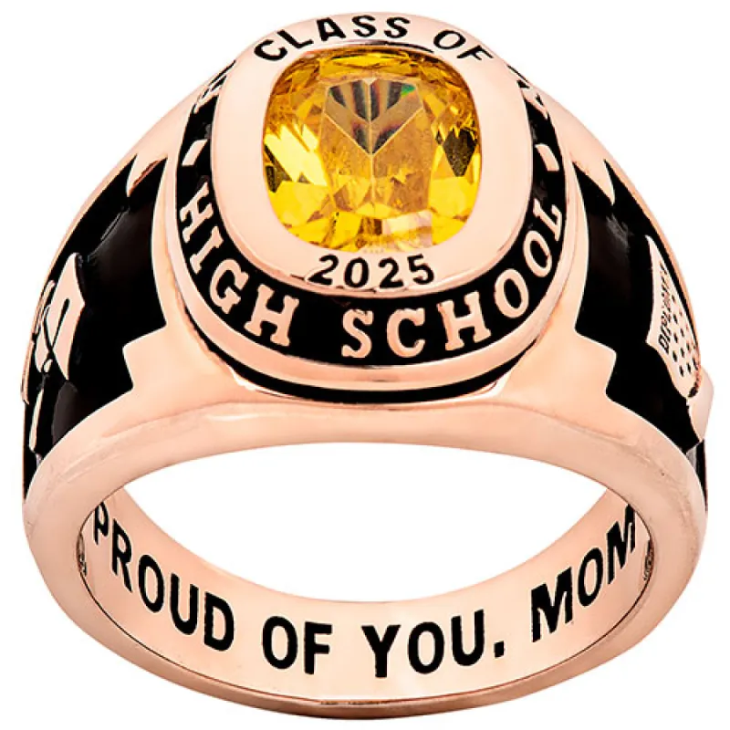 Men's 14K Rose Gold Plated Cushion Birthstone & CZ Class Ring sold by Limoges Jewelry