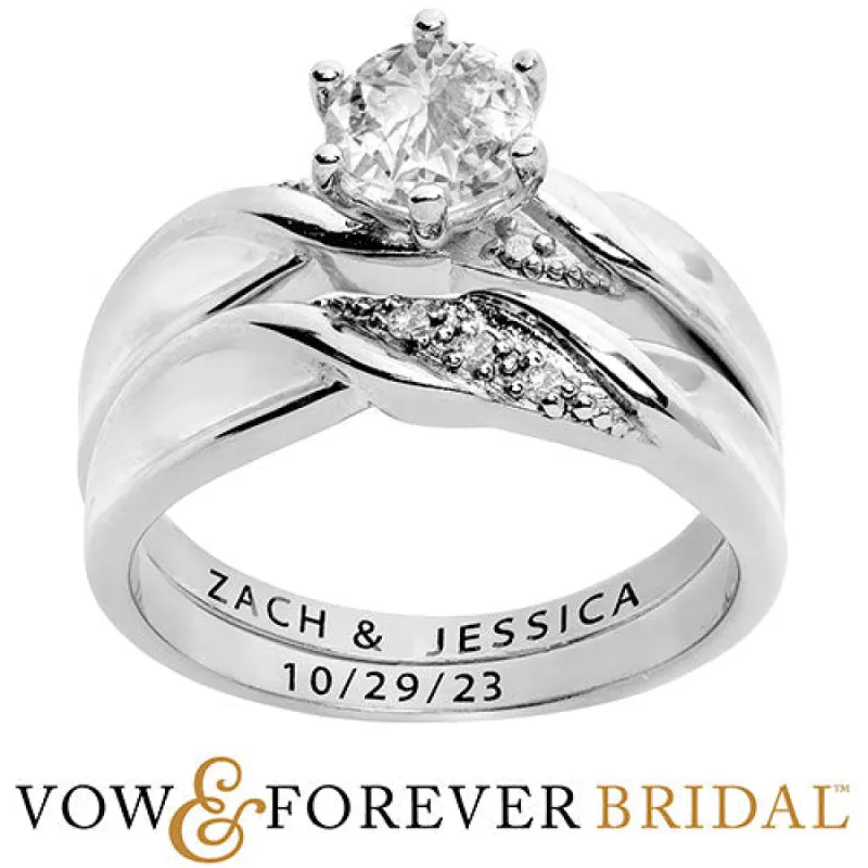 Platinum over Sterling Round White Topaz Diamond Accent 2-Piece Engraved Wedding Ring Set sold by Limoges Jewelry