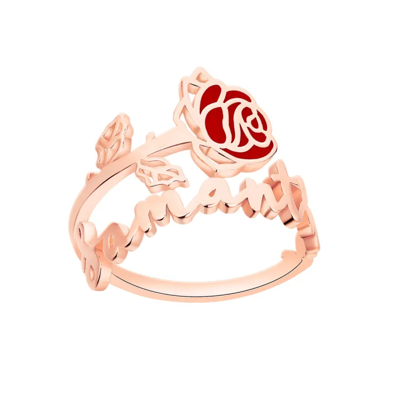 Rose Gold over Sterling Script Name and Birthmonth Enamel Flower Bypass Ring sold by Limoges Jewelry