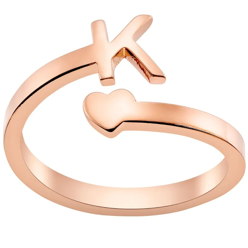 14K Rose Gold Plated Initial and Heart Bypass Ring sold by Limoges Jewelry