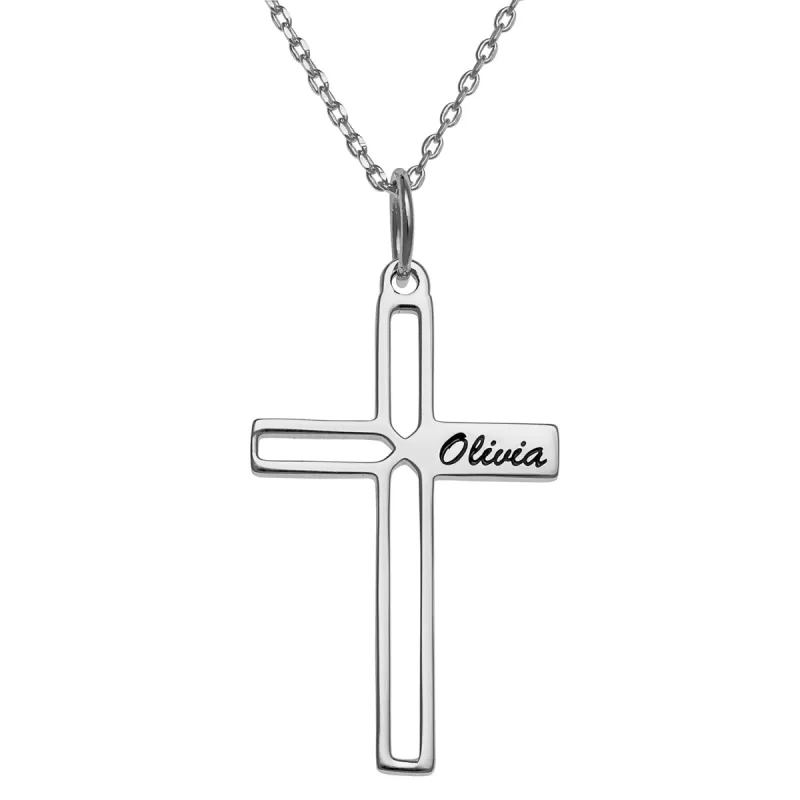 Sterling Silver Engraved Name Open Cross Necklace sold by Limoges Jewelry