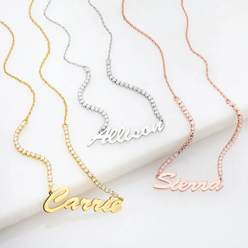 Hollywood Script Name Plaque CZ Chain Necklace sold by Limoges Jewelry