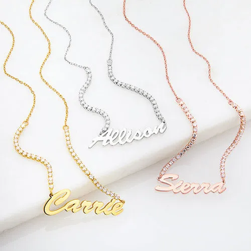 Hollywood Script Name Plaque CZ Chain Necklace sold by Limoges Jewelry