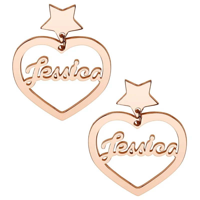 14K Rose Gold Plated Script Name Heart with Star Dangle Earrings sold by Limoges Jewelry