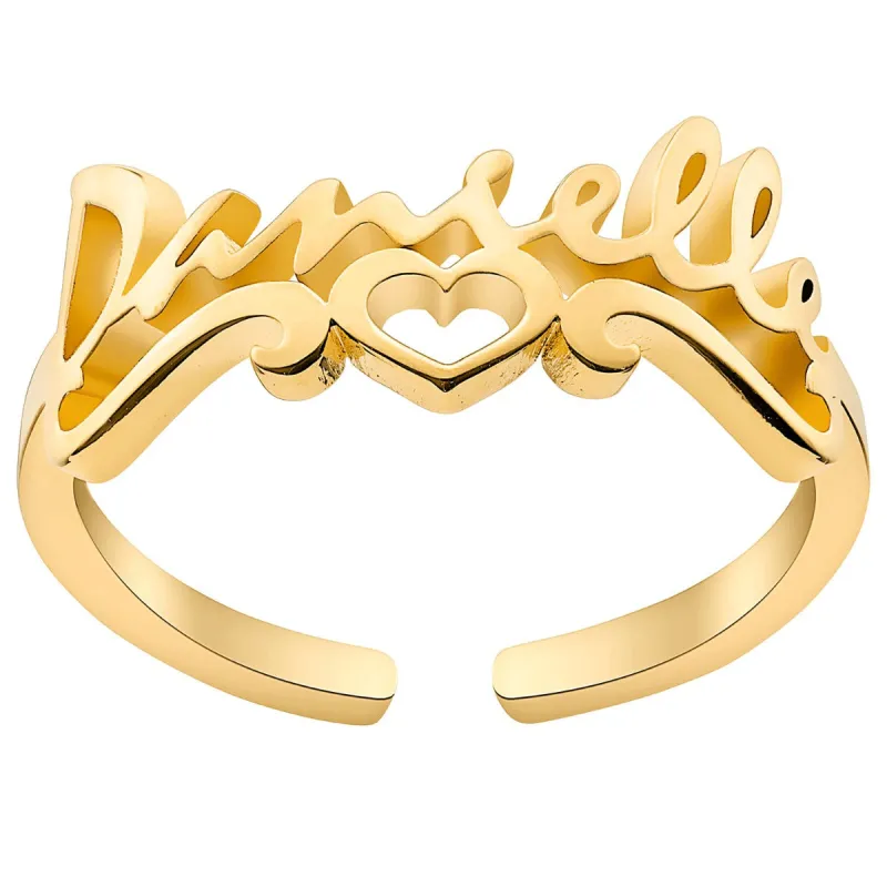 14K Gold Plated Script Name Ring with Heart Scroll sold by Limoges Jewelry