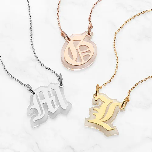 Old English Initial on Translucent Plaque Necklace sold by Limoges Jewelry