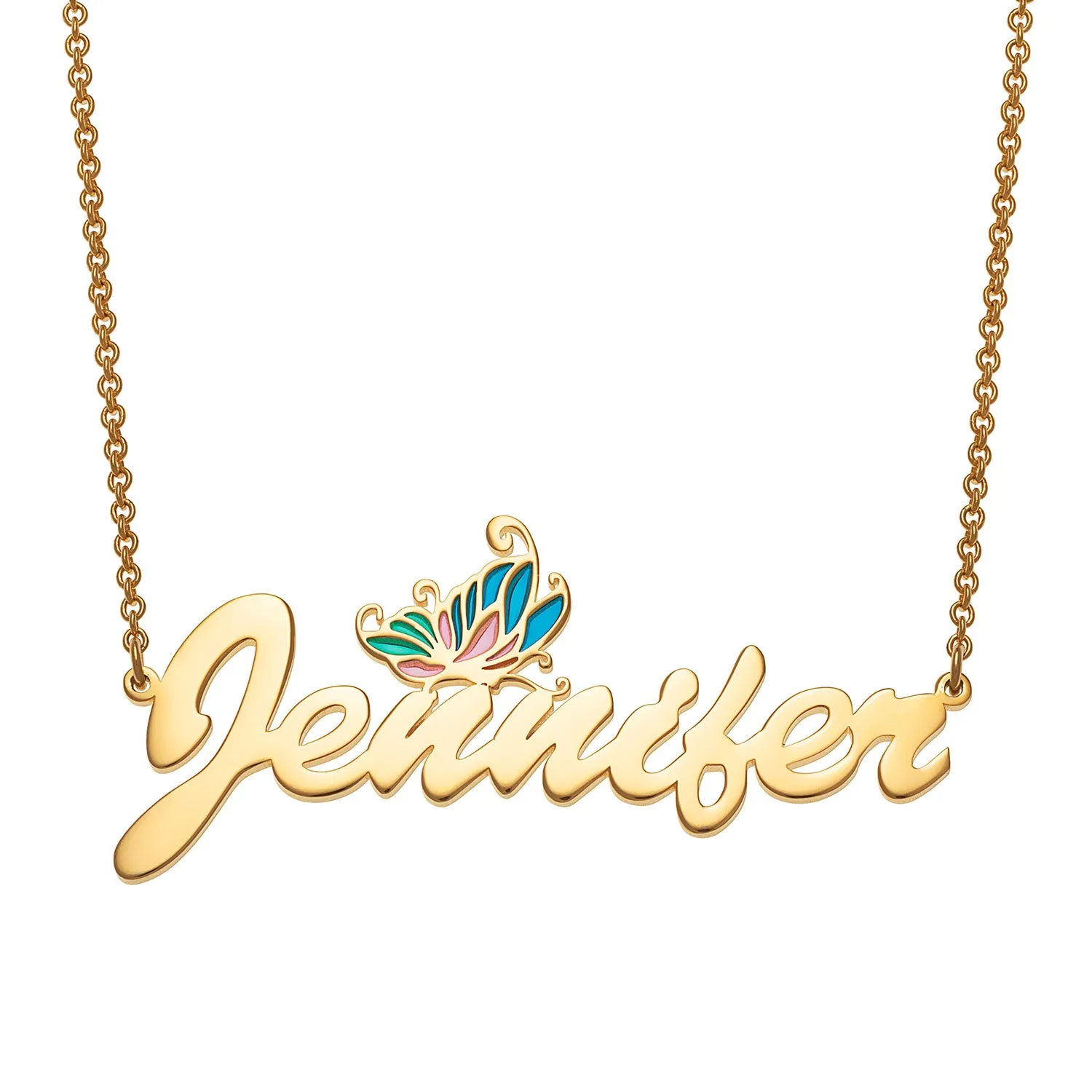 14K Gold Plated Script Name Necklace with Pink and Blue Enamel Butterfly sold by Limoges Jewelry
