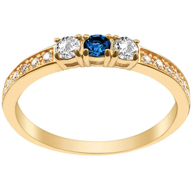 14K Gold Plated Simulated Sapphire and Clear Crystal 3-Stone Ring sold by Limoges Jewelry