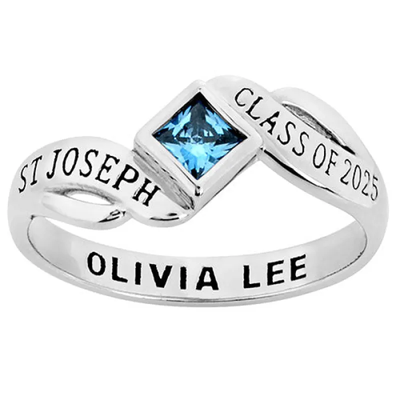 Platinum Plated Women's Bypass Princess Cut Birthstone Fashion Class Ring sold by Limoges Jewelry