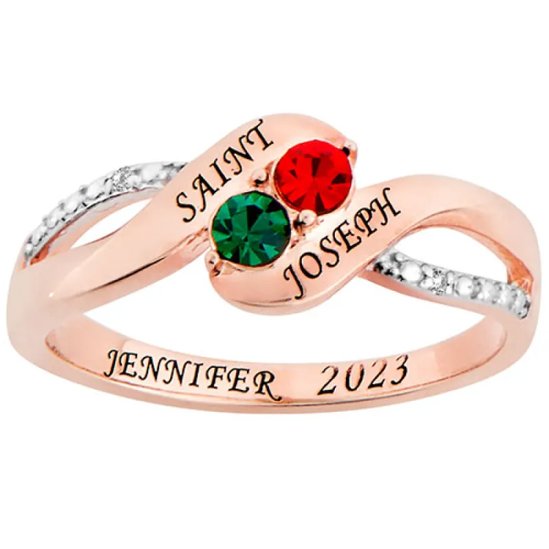 14K Rose Gold Plated Birthstone Bypass Diamond Accent Class Ring sold by Limoges Jewelry