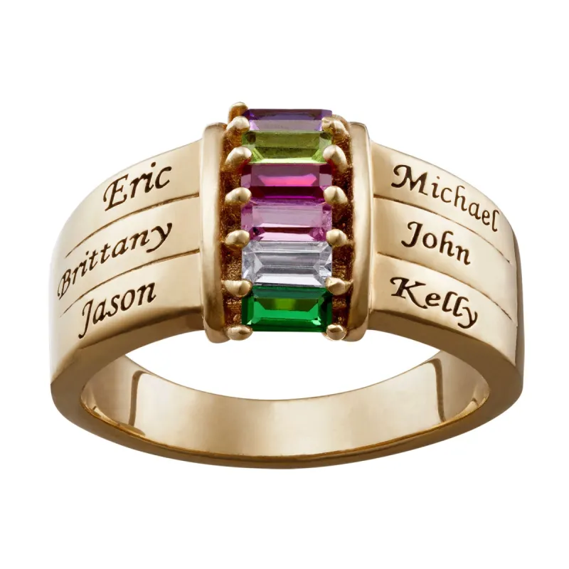 Gold over Sterling Family Baguette Name & Birthstone Ring sold by Limoges Jewelry