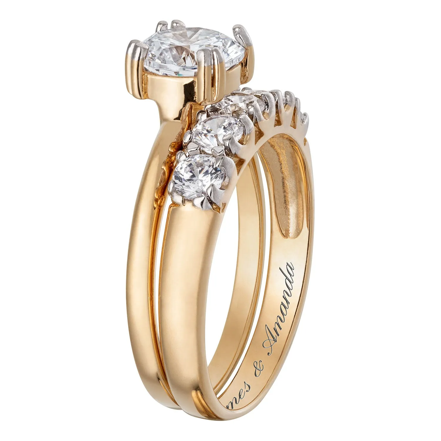 14K Gold over Sterling CZ 2-Piece Engraved Wedding Ring Set sold by Limoges Jewelry product image thumbnail 3
