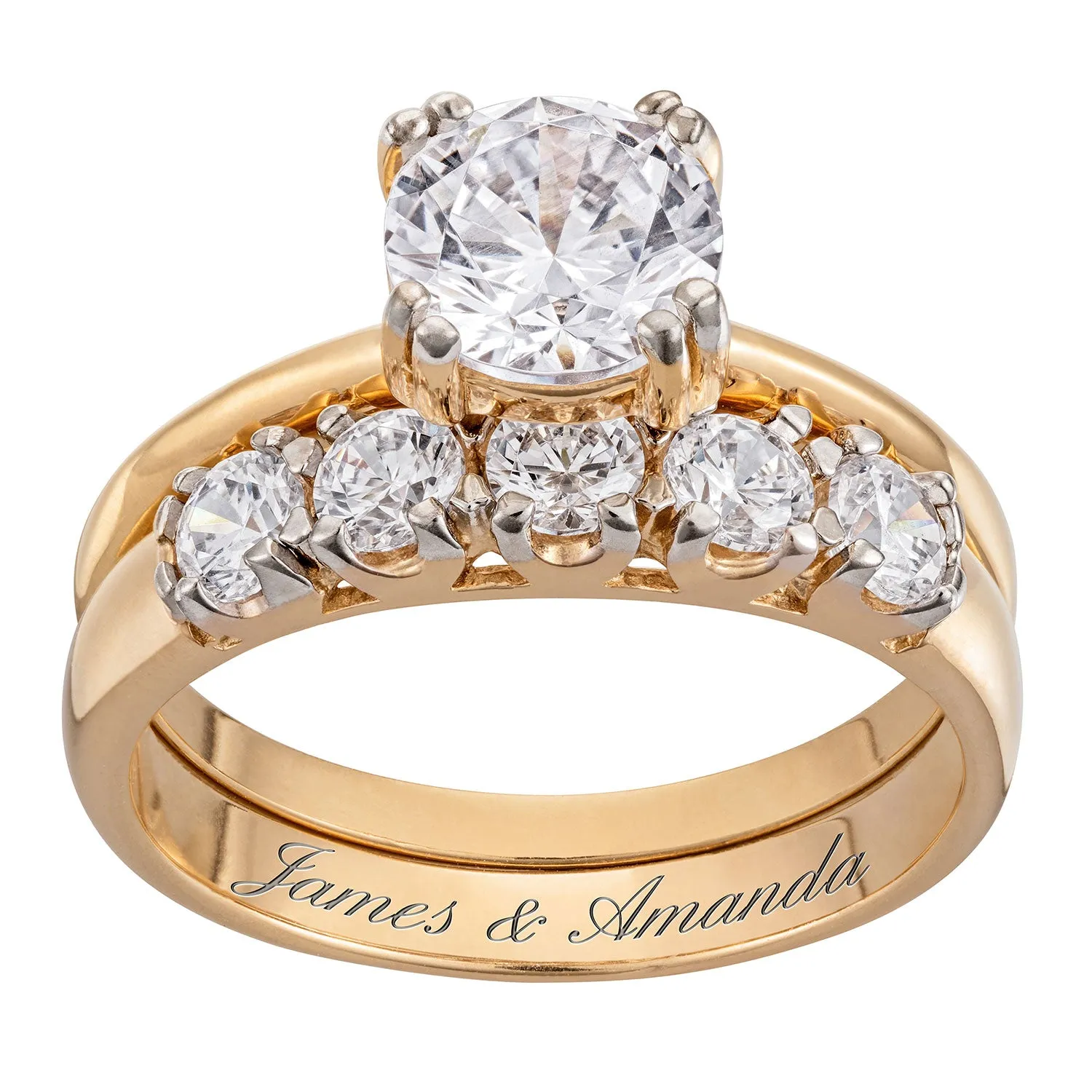 14K Gold over Sterling CZ 2-Piece Engraved Wedding Ring Set sold by Limoges Jewelry product image thumbnail 2