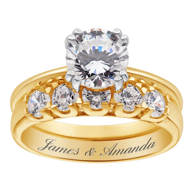 14K Gold over Sterling CZ 2-Piece Engraved Wedding Ring Set sold by Limoges Jewelry