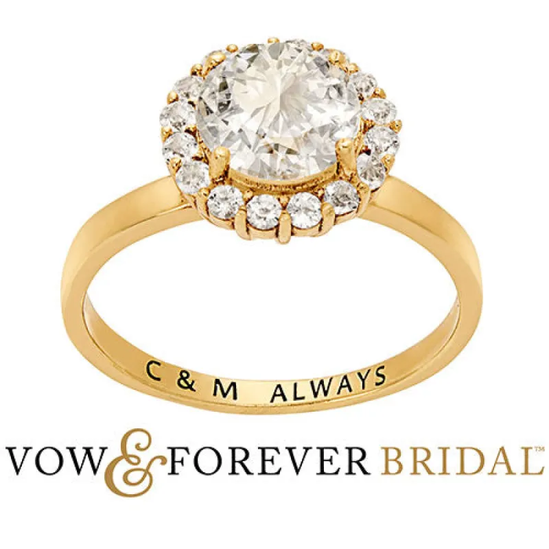 14K Gold over Sterling Halo White Topaz Solitaire Engraved Engagement Ring sold by Limoges Jewelry