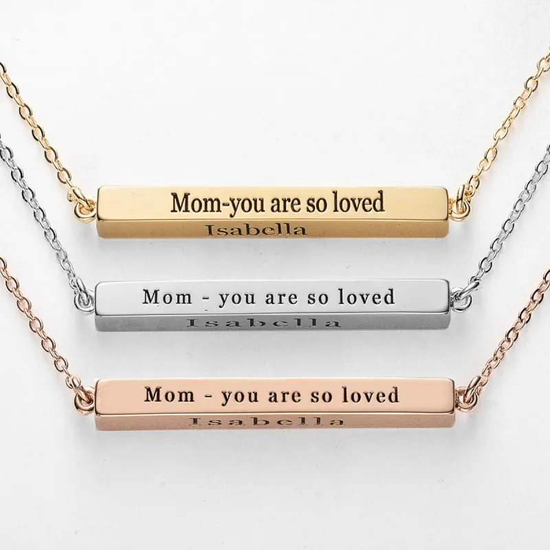 Horizontal 4-sided Bar Mother's Engraved Family Name Necklace sold by Limoges Jewelry