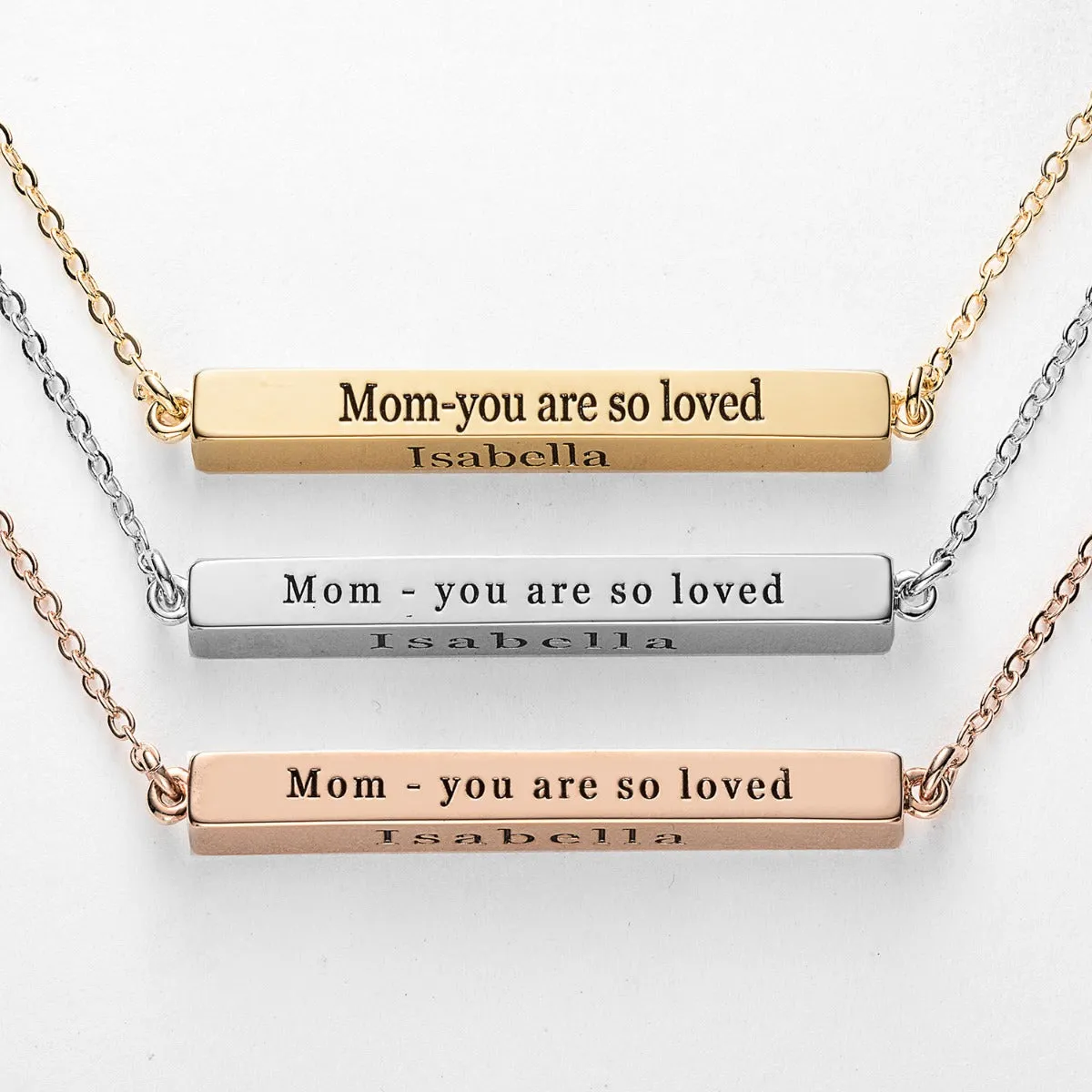 Horizontal 4-sided Bar Mother's Engraved Family Name Necklace sold by Limoges Jewelry