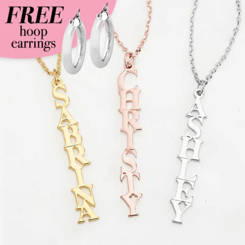 Sterling Silver Vertical Uppercase Name with Free Hoop Earrings sold by Limoges Jewelry