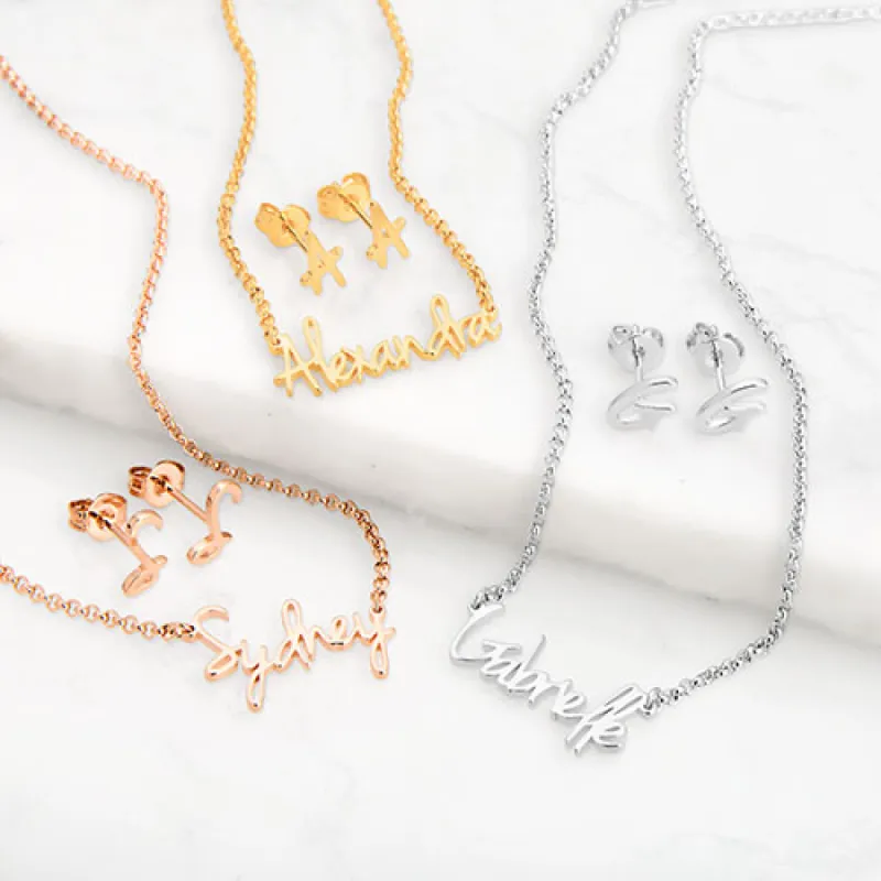 Sterling Silver Petite Script Name Necklace and Initial Earring Set sold by Limoges Jewelry
