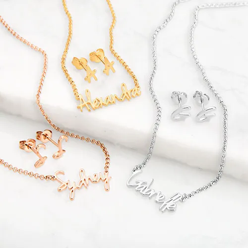 Sterling Silver Petite Script Name Necklace and Initial Earring Set sold by Limoges Jewelry