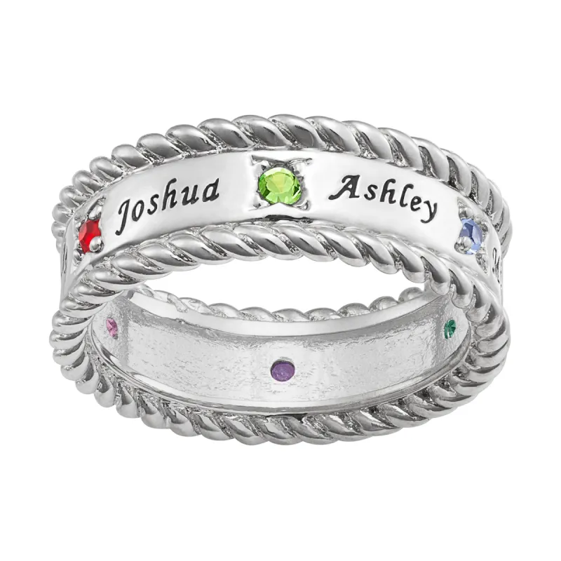 Sterling Silver Family Name and Birthstone Rope Edged Band sold by Limoges Jewelry