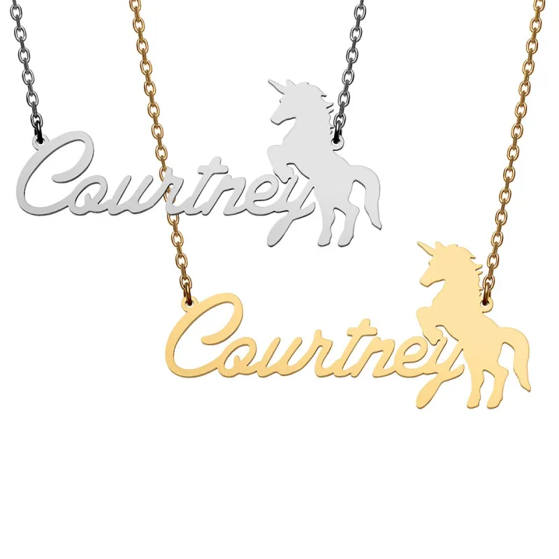 Stainless Steel Script Name with Unicorn Necklace sold by Limoges Jewelry