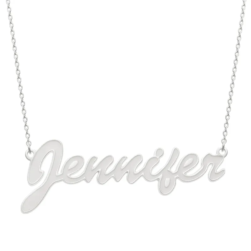 Sterling Silver Name Necklace with White Enamel sold by Limoges Jewelry