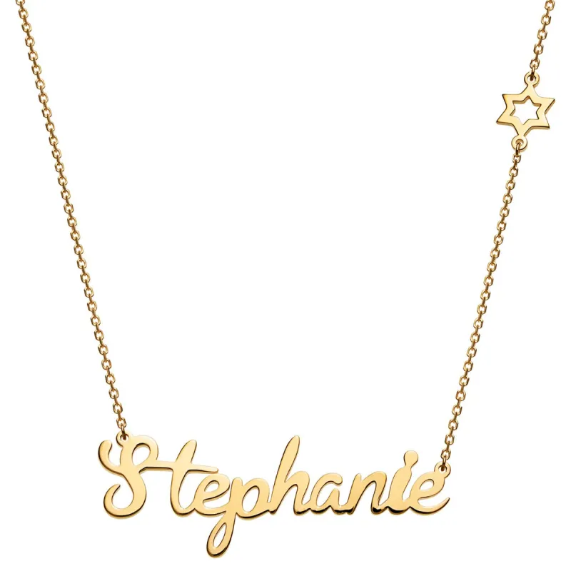 14K Gold Plated Script Name with Star of David Station Necklace sold by Limoges Jewelry
