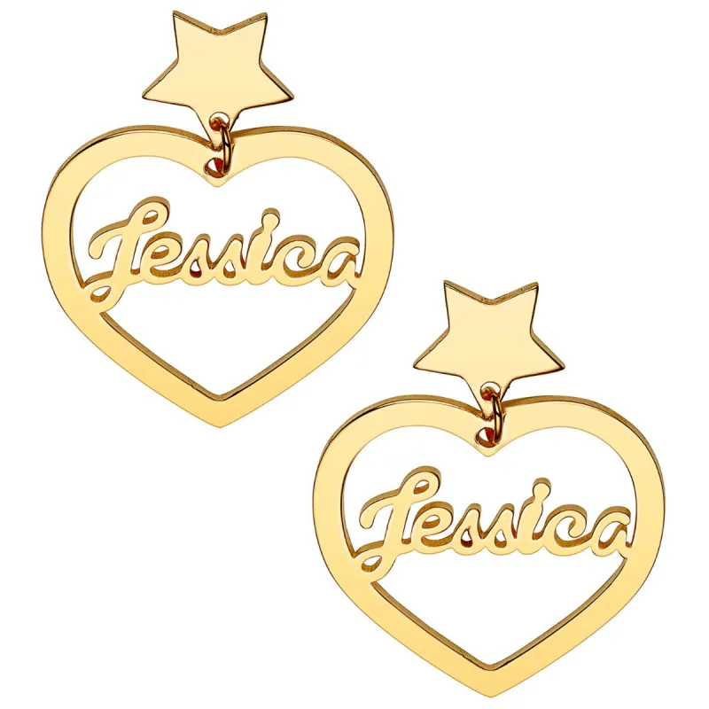 14K Gold Plated Script Name Heart with Star Dangle Earrings sold by Limoges Jewelry