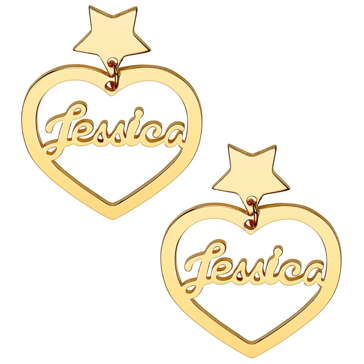 14K Gold Plated Script Name Heart with Star Dangle Earrings sold by Limoges Jewelry