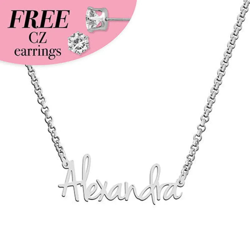 Sterling Silver Petite Script Name with Free CZ Earrings sold by Limoges Jewelry