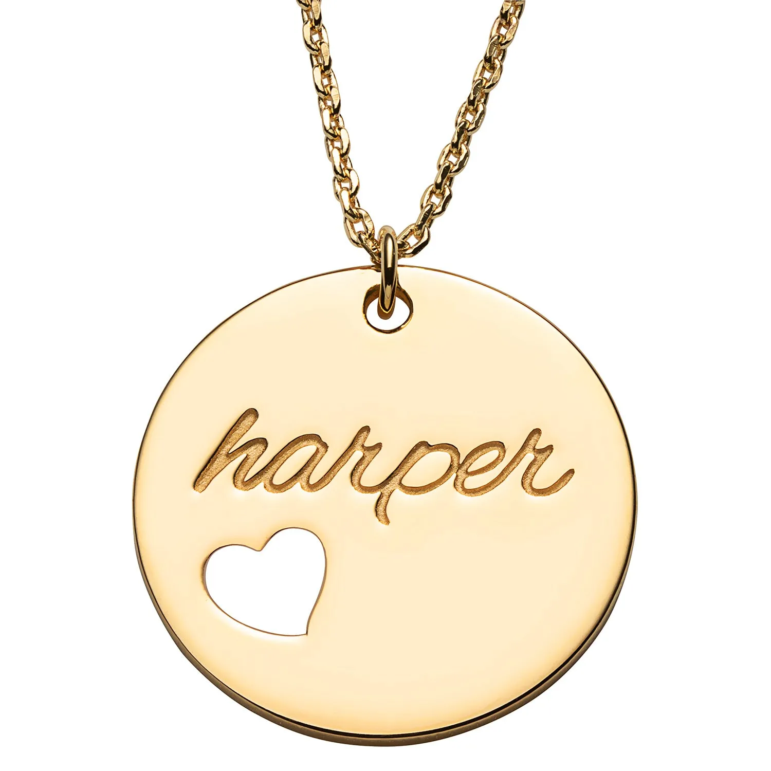 14K Gold over Sterling Engraved Name Disc with Heart Necklace sold by Limoges Jewelry