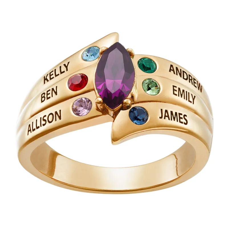 14K Gold over Sterling Mother's Marquise Birthstone Family Name Ring sold by Limoges Jewelry