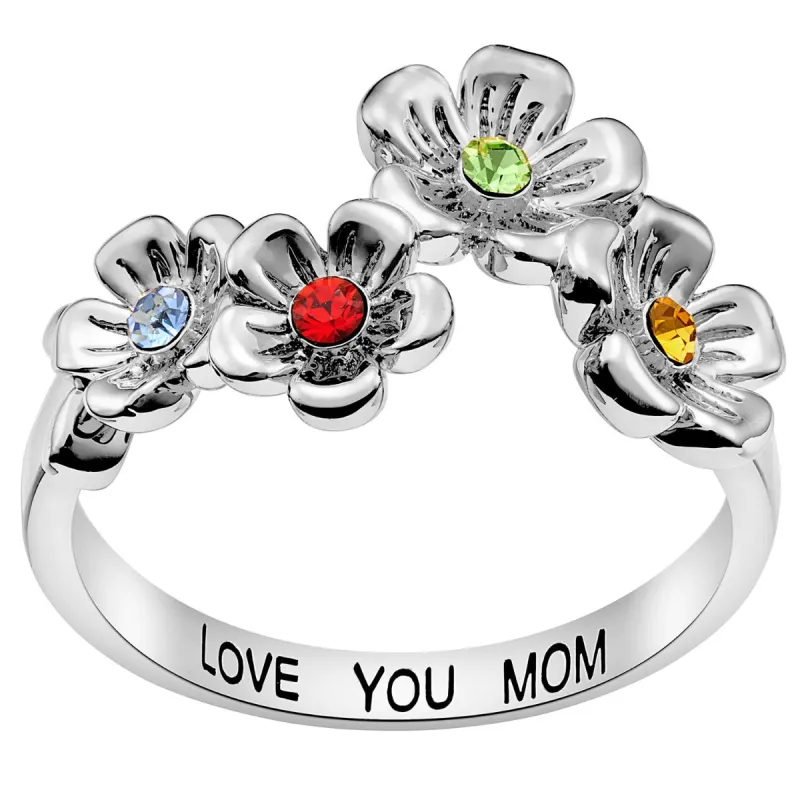 Silver Plated Flower Birthstone Family Ring made by Limoges Jewelry