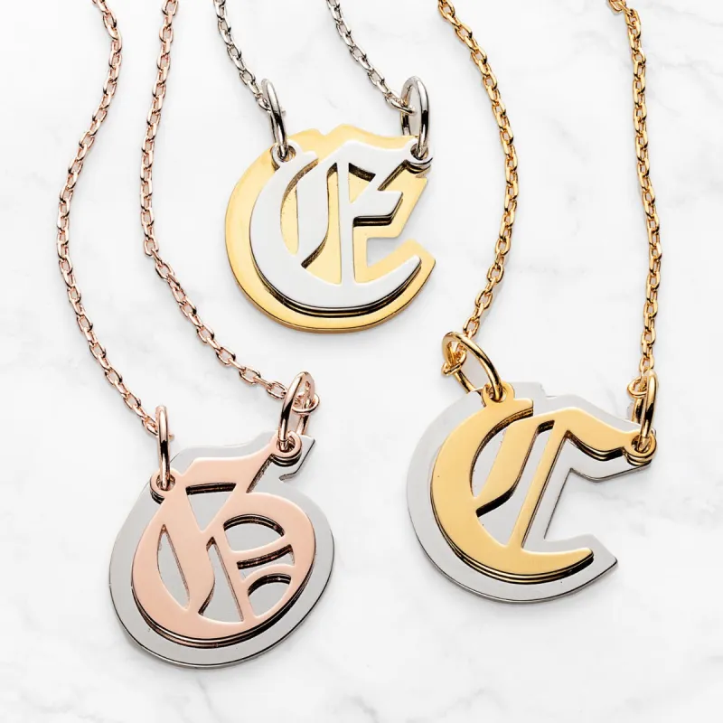 Two-Tone Initial on Mirrored Reflective Plaque Necklace sold by Limoges Jewelry